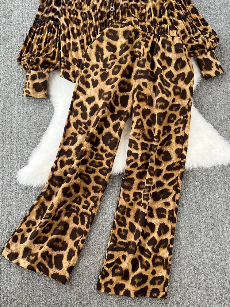 Autumn Elegant Women 2 Pieces Set Leopard Print Long Sleeve Shirts Casual Loose Pantalon Outfits Fashion Vintage Sweatsuit 240106