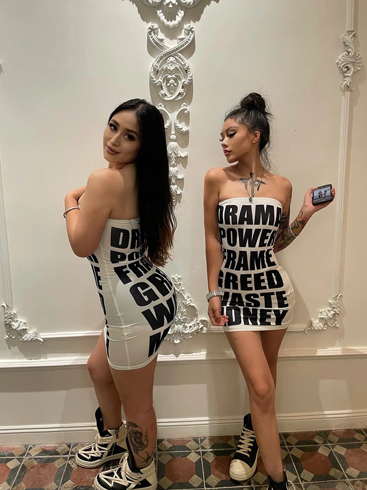 Sexy Midnight Mini Dress Stretch Skinny Party Clubwear Y2K slogan Letter Printed White Hip Dress Women Summer Fashion Strapless 240106