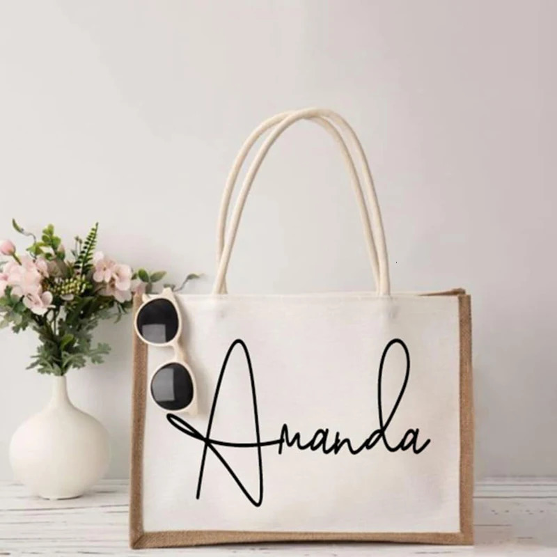 Custom Beach Burlap Tote Bags Personalized Bridesmaid Bachelorette Bridal Party Girls Trip Gifts Canvas Jute Shopper 240106