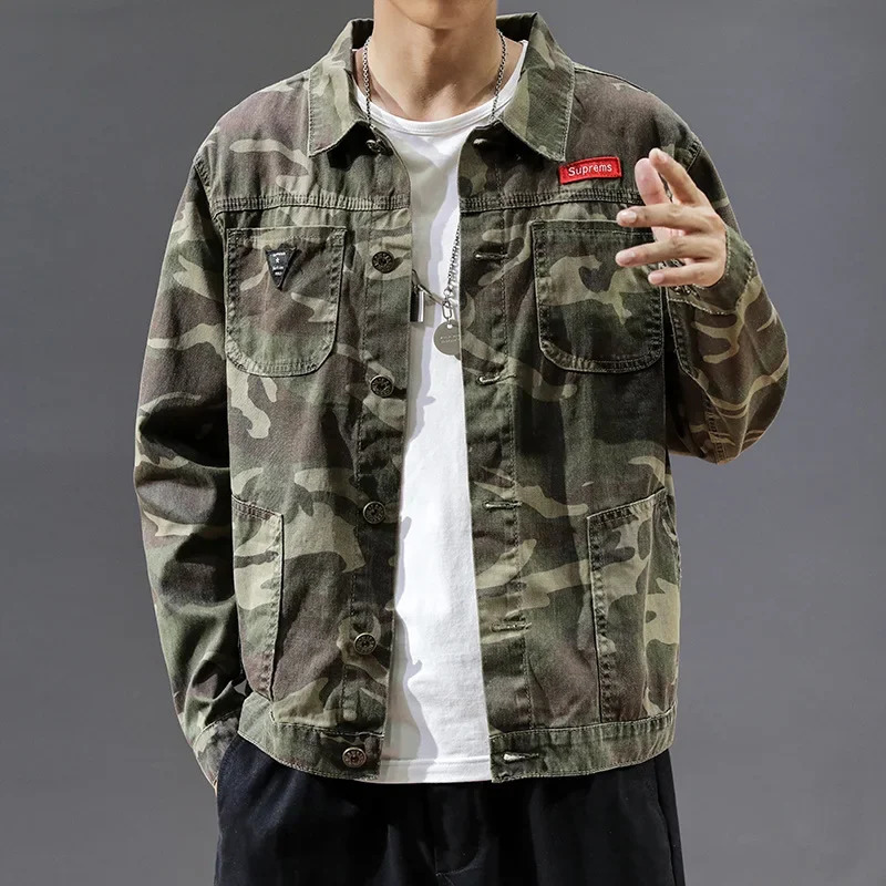 Spring Autumn Men Black Denim Jacket Men's AllMatch Korean Casual Fashionable Male Camouflage Work Shirt Top Outerwear 240105