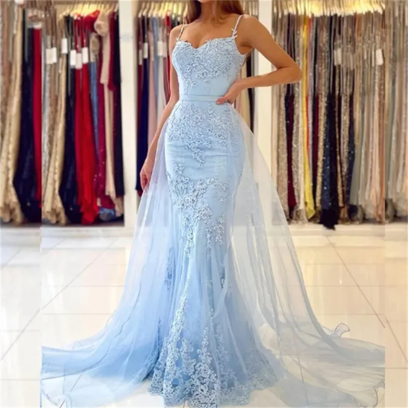 Sexy Spaghetti Lace Mermaid Prom Dresses With Detachable Train Back Buttons Formal Party Gowns Light Sky Blue Birthday Special Occasion Evening Dress 