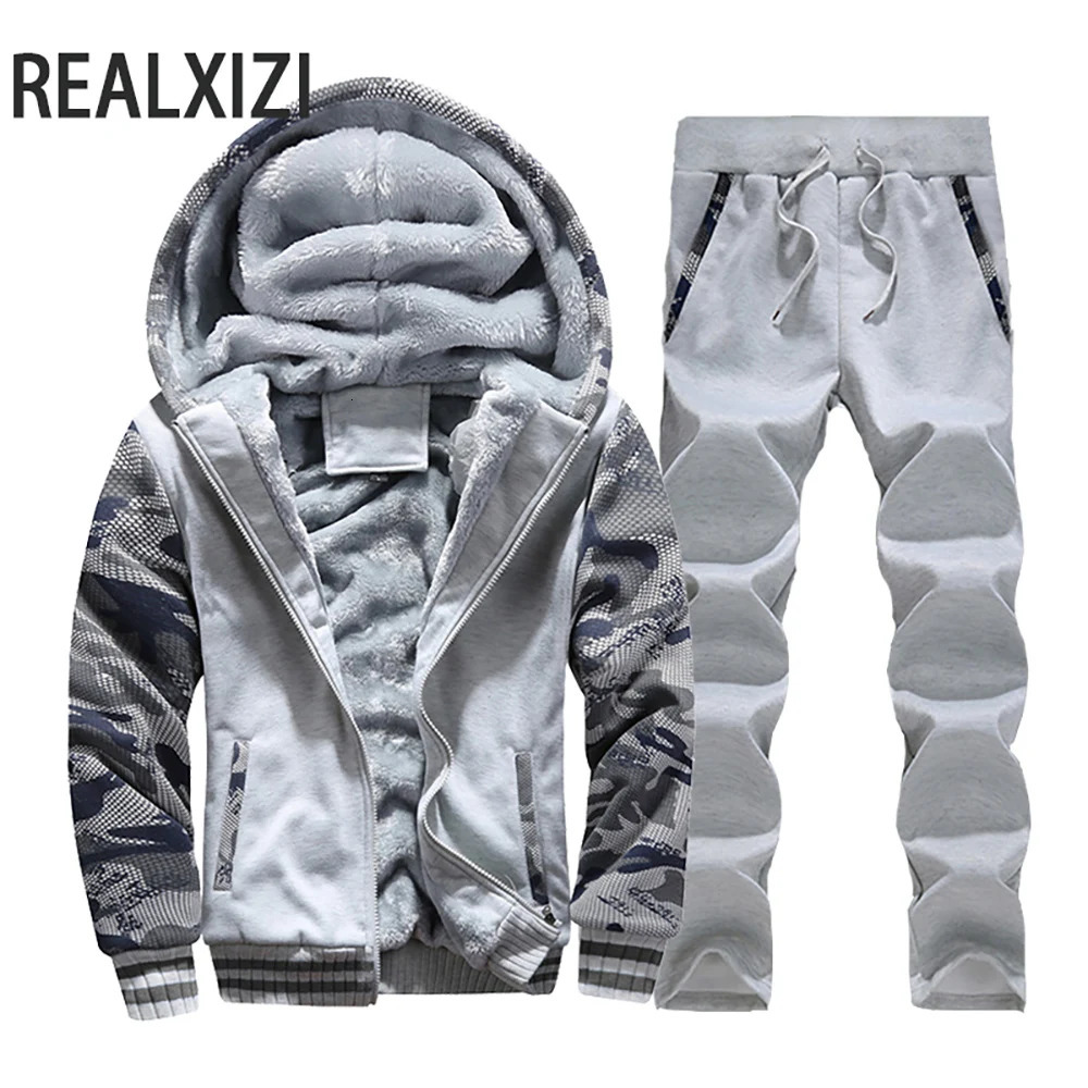 Winter Sports Jacket Pants Suits Men's Coats Trousers Sets Thicken Fleece Thermal Hoodies Set Camouflage Tracksuit Sweatshirts 240106