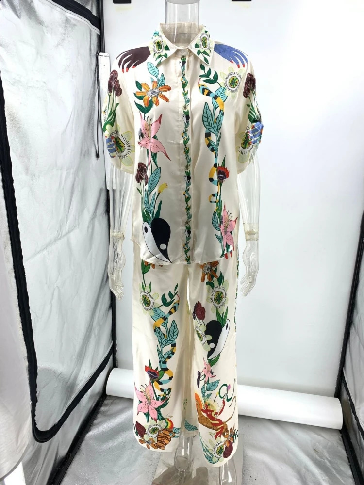 Women Vintage Print Loose Single Breasted Shirt Two Piece Sets Summer Chic Satin Short Sleeve Blouse Pants Sets Women Outfits 240106