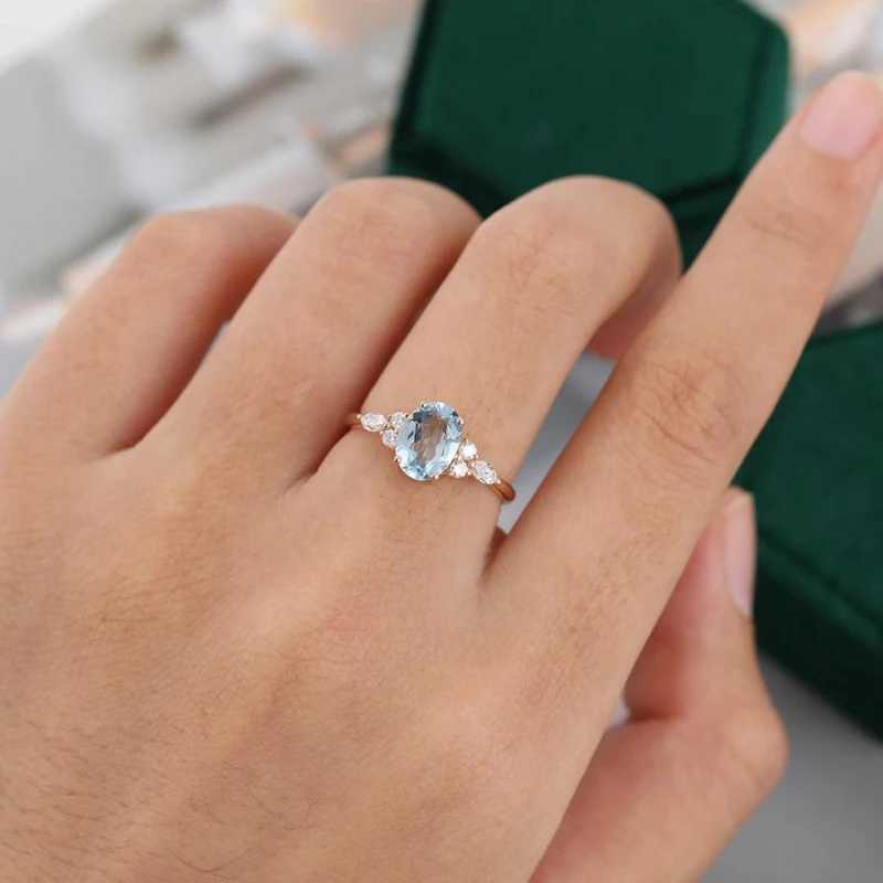 Band Rings Oval Natural Aquamarine Engagement Vintage Unique Marquise cut Cluster Moissanite Ring Solid 14K/10K Rose Gold Wedding GiftL240105