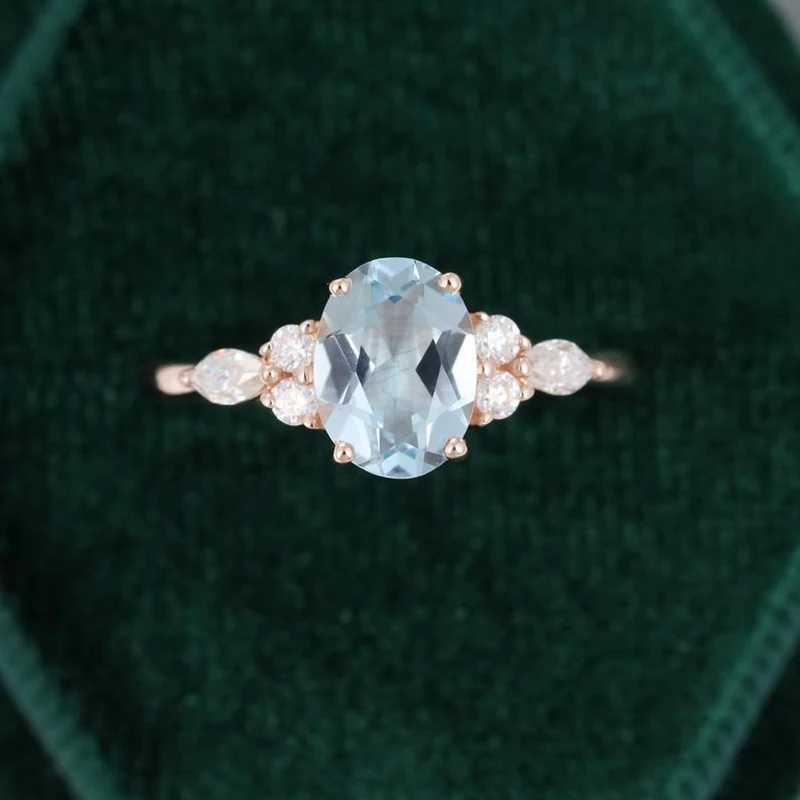Band Rings Oval Natural Aquamarine Engagement Vintage Unique Marquise cut Cluster Moissanite Ring Solid 14K/10K Rose Gold Wedding GiftL240105