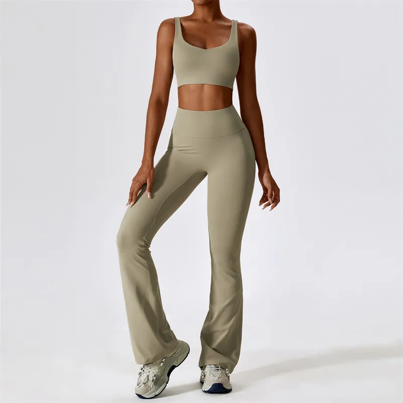 LLLM8232 Womens Yoga Suit Yoga Vest Sleeveless Tops Pants Bell-bottom Trousers Two-Piece Set Gym Running Long Pant Elastic High Waist Sportwear Suits
