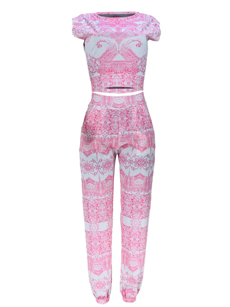 LW Baroque Print Regular Fit Pants Set Sleeveless Tie Back Tops With Comfortable Pants Two Pieces Summer Women O Neck Sets 240105