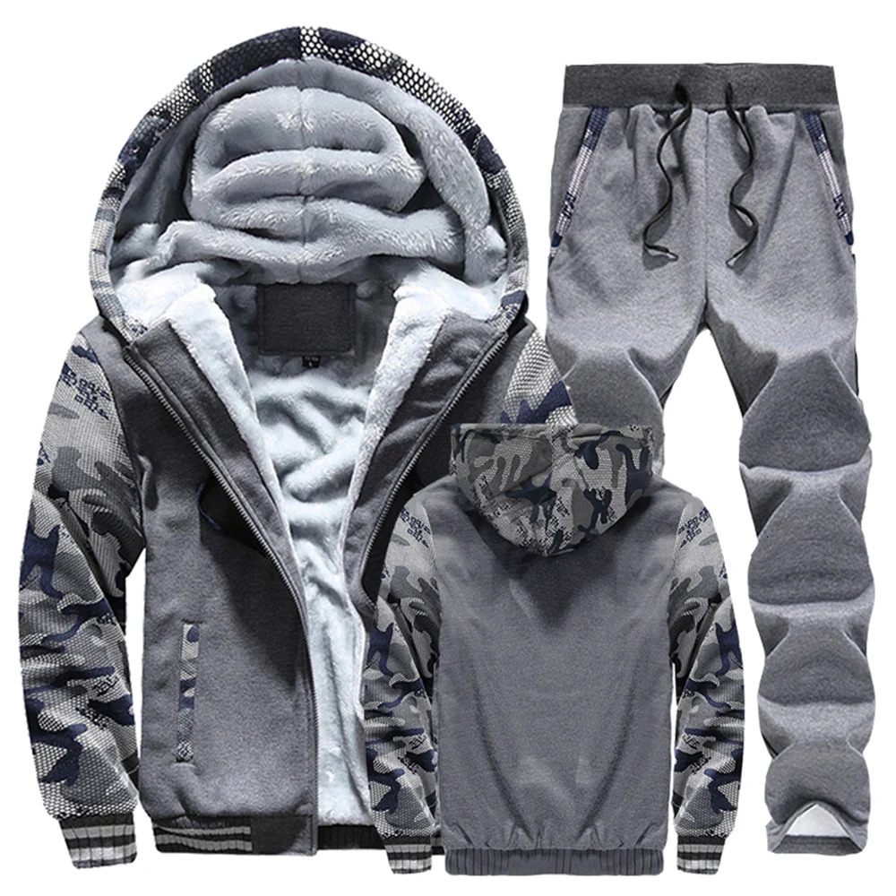 Winter Men Tracksuit Hooded Sportswear Zipper Jacket Fleece Trousers Men's Warm Solid Color Casual Men's Sports Suit 240106