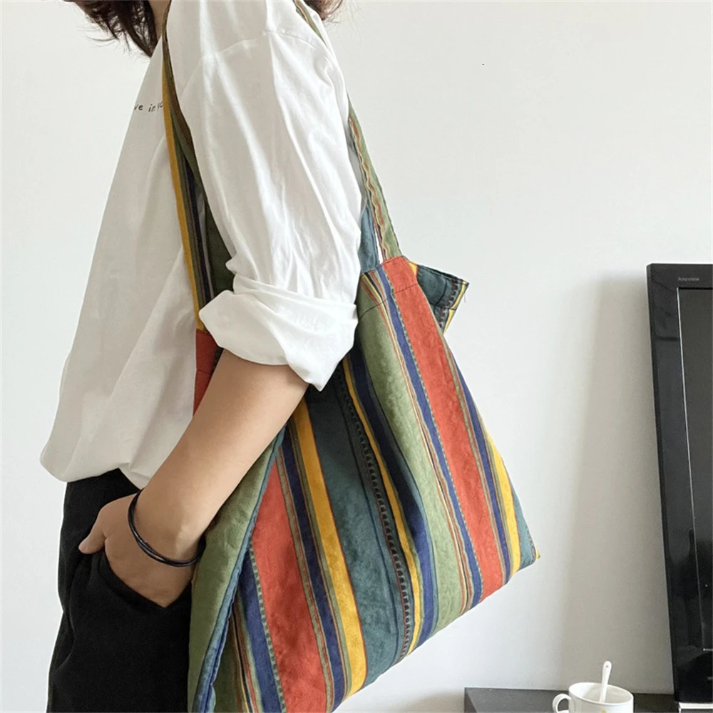 Retro Women's Canvas Shoulder Bag Rainbow Striped Linen Shopping Bag Eco Large Capacity Handbag Tote for Girls Christmas Gifts 240125