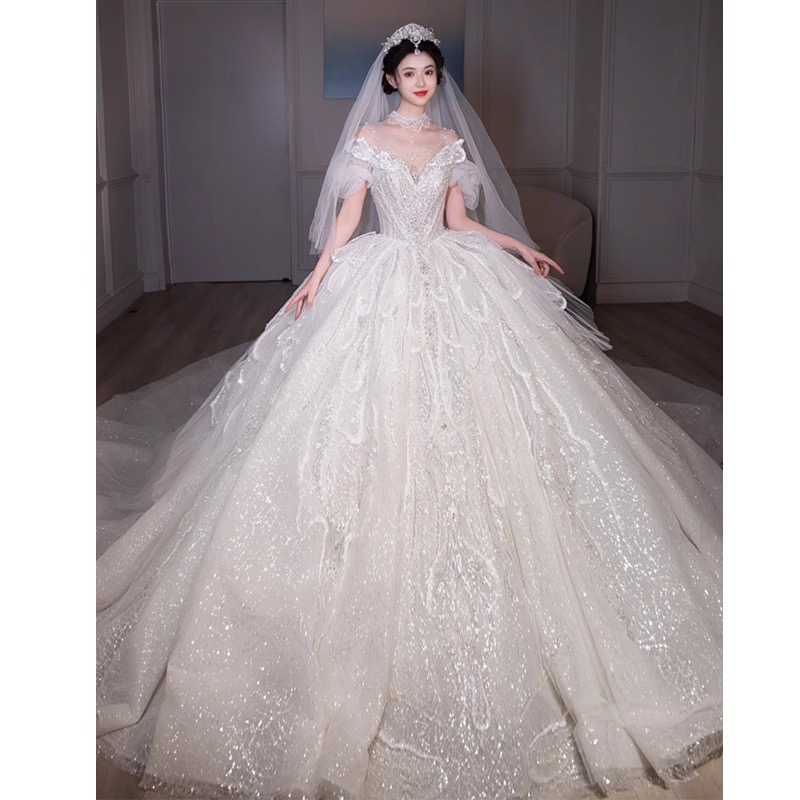 2024 Bling Wedding Dress Beading Crystals Beaded Off Shoulder Crystal Sweep Train Scoop Neck Plus Size Bridal Gowns New Arabic Dubai Customed Vestidos