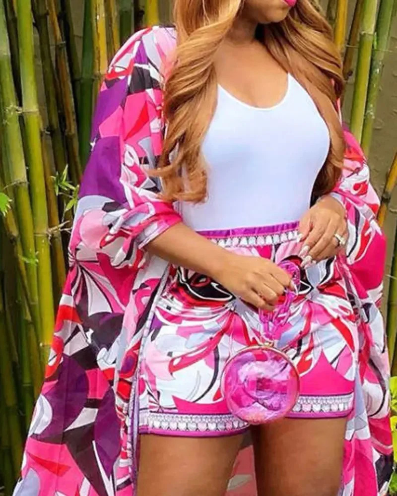Abstract Print Batwing Sleeve Cardigan Shorts Set Women Matching Sets Two Piece Set Top Shorts Suit Women Beach Wear Vacation 240105