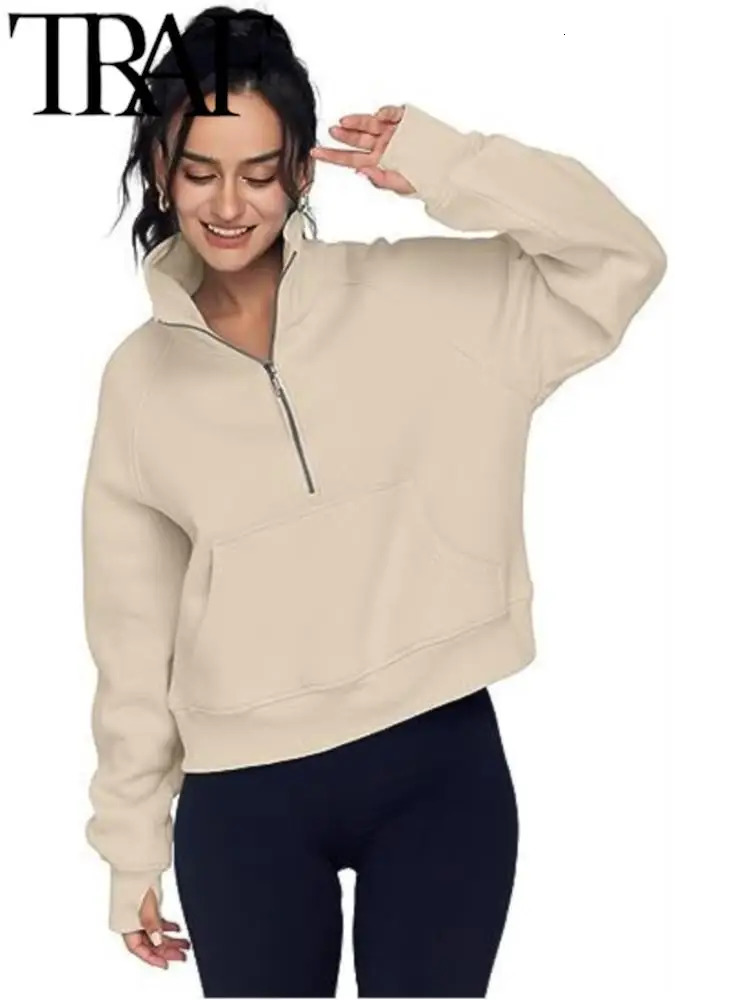 TRAF 2023 AutumnWinter Women's Sports Half Zip Yoga Suit Loose Standing Collar Plus Plush Sweater Hoodies Warm Casual Pink 240105