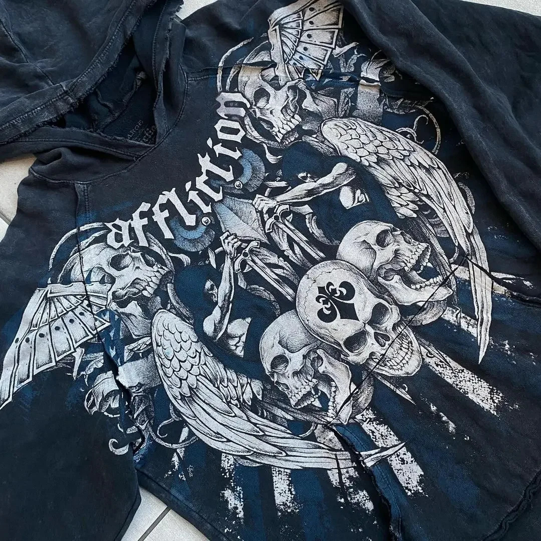 Y2k Vintage Gothic Trend Skull Print Hoodies Autumn Winter Hip Hop Long Sleeve Coats Loose Hooded Pullover Sweatshirt Womens 240106