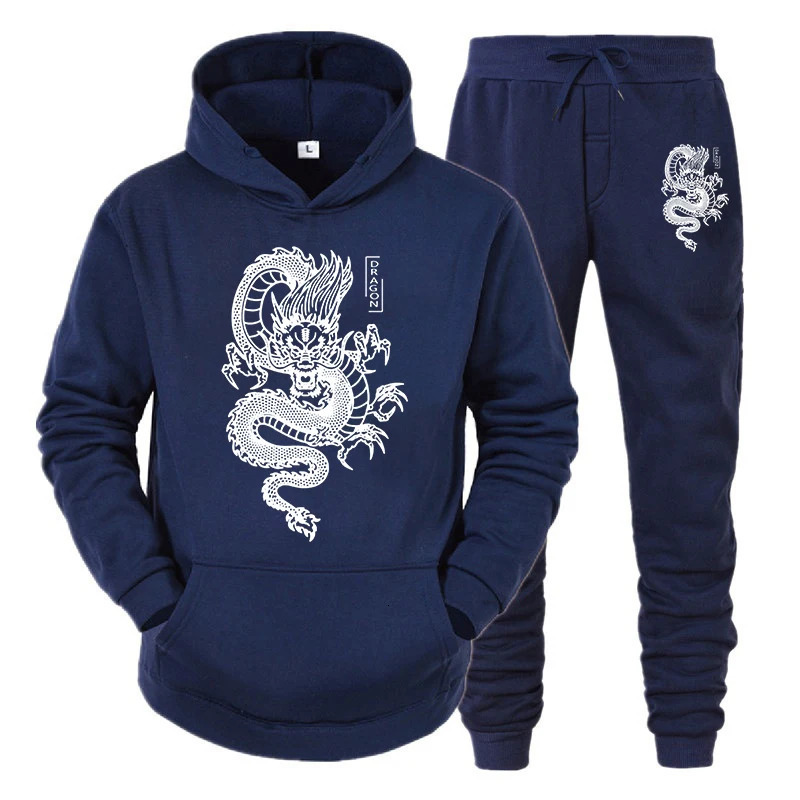 Men Tracksuit Set HoodiePant Spring Winter Dragon Print Casual Fleece Sweatshirt Sportwear Homme Streetwear Men Clothing 240106