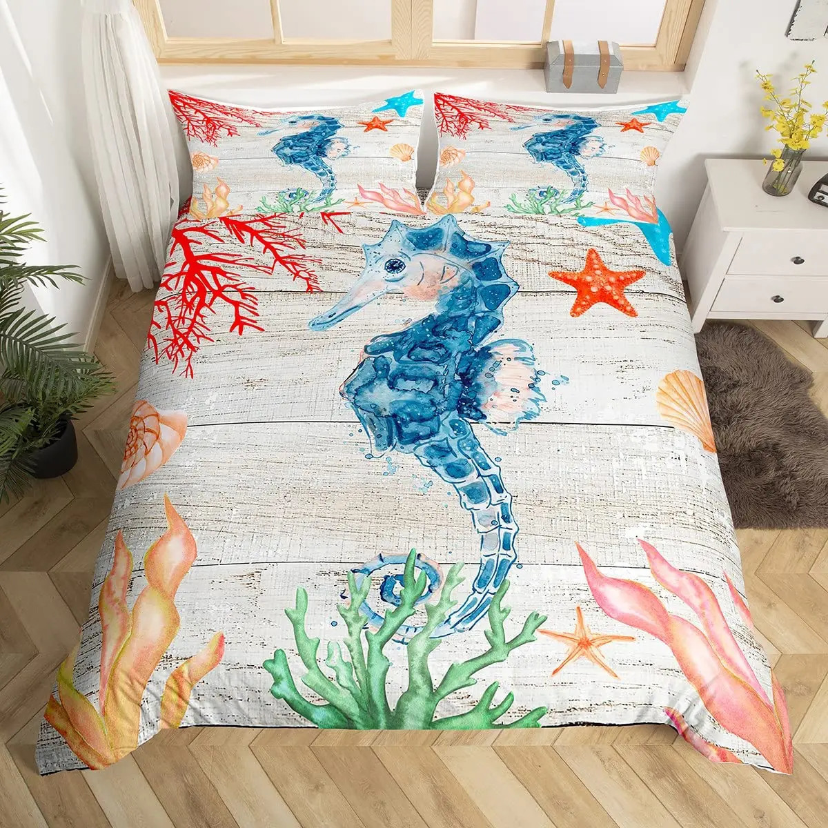 Watercolor Blue Conch Duvet Cover Ocean Themed Bedding Set Sea Creatures Comforter al Beach Polyester Quilt 240106