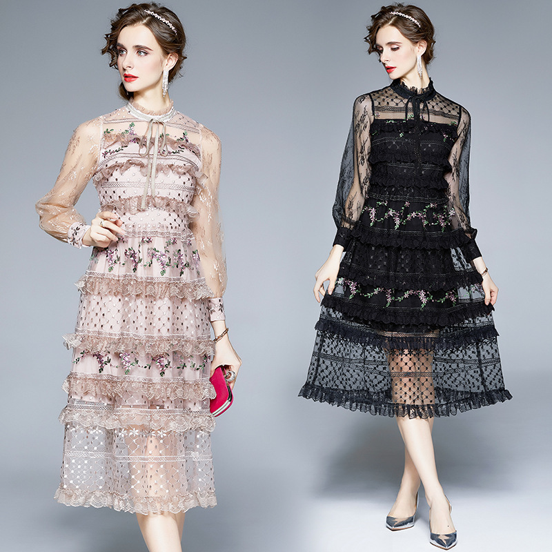 2022 Spring/Summer New Heavy Industry Embroidered Lace Mesh Spliced Waist Closing Long Sleeve Elegant Dress 210531