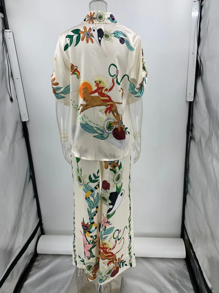 Women Vintage Print Loose Single Breasted Shirt Two Piece Sets Summer Chic Satin Short Sleeve Blouse Pants Sets Women Outfits 240106