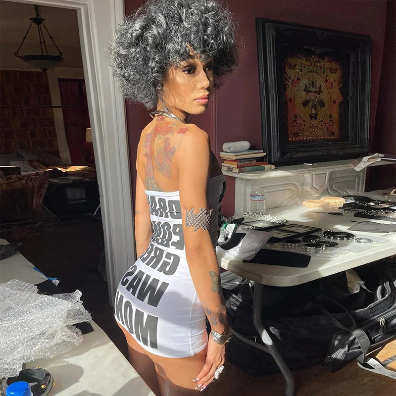 Sexy Midnight Mini Dress Stretch Skinny Party Clubwear Y2K slogan Letter Printed White Hip Dress Women Summer Fashion Strapless 240106
