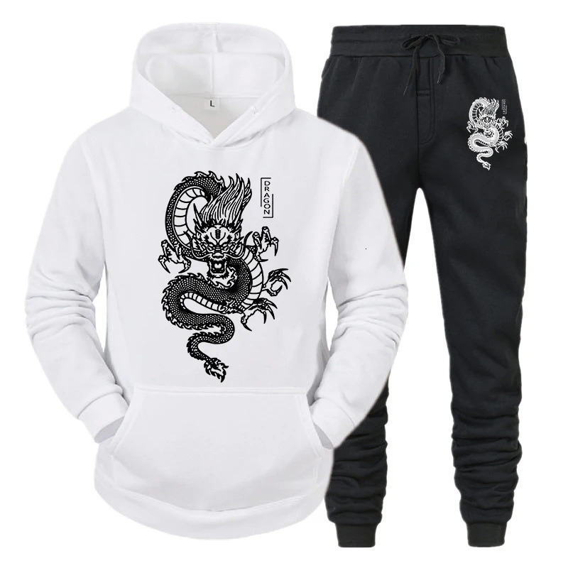 Men Tracksuit Set HoodiePant Spring Winter Dragon Print Casual Fleece Sweatshirt Sportwear Homme Streetwear Men Clothing 240106