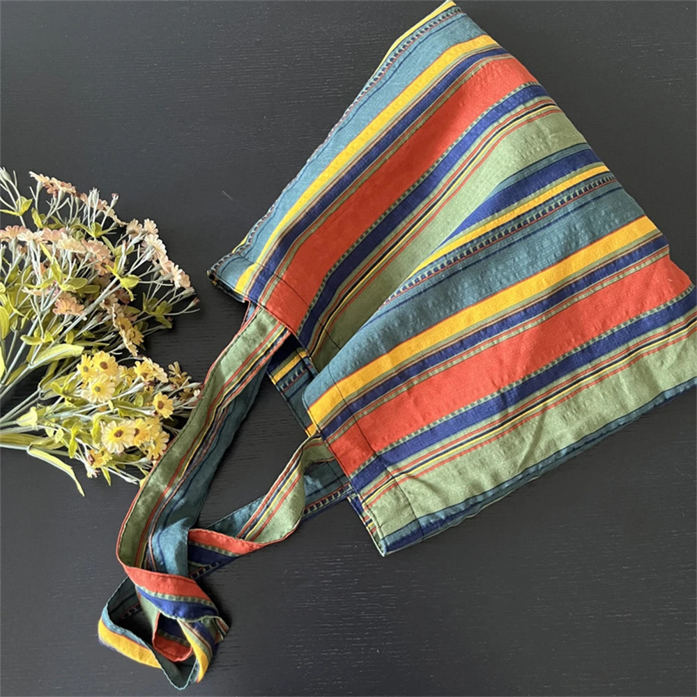 Retro Women's Canvas Shoulder Bag Rainbow Striped Linen Shopping Bag Eco Large Capacity Handbag Tote for Girls Christmas Gifts 240125