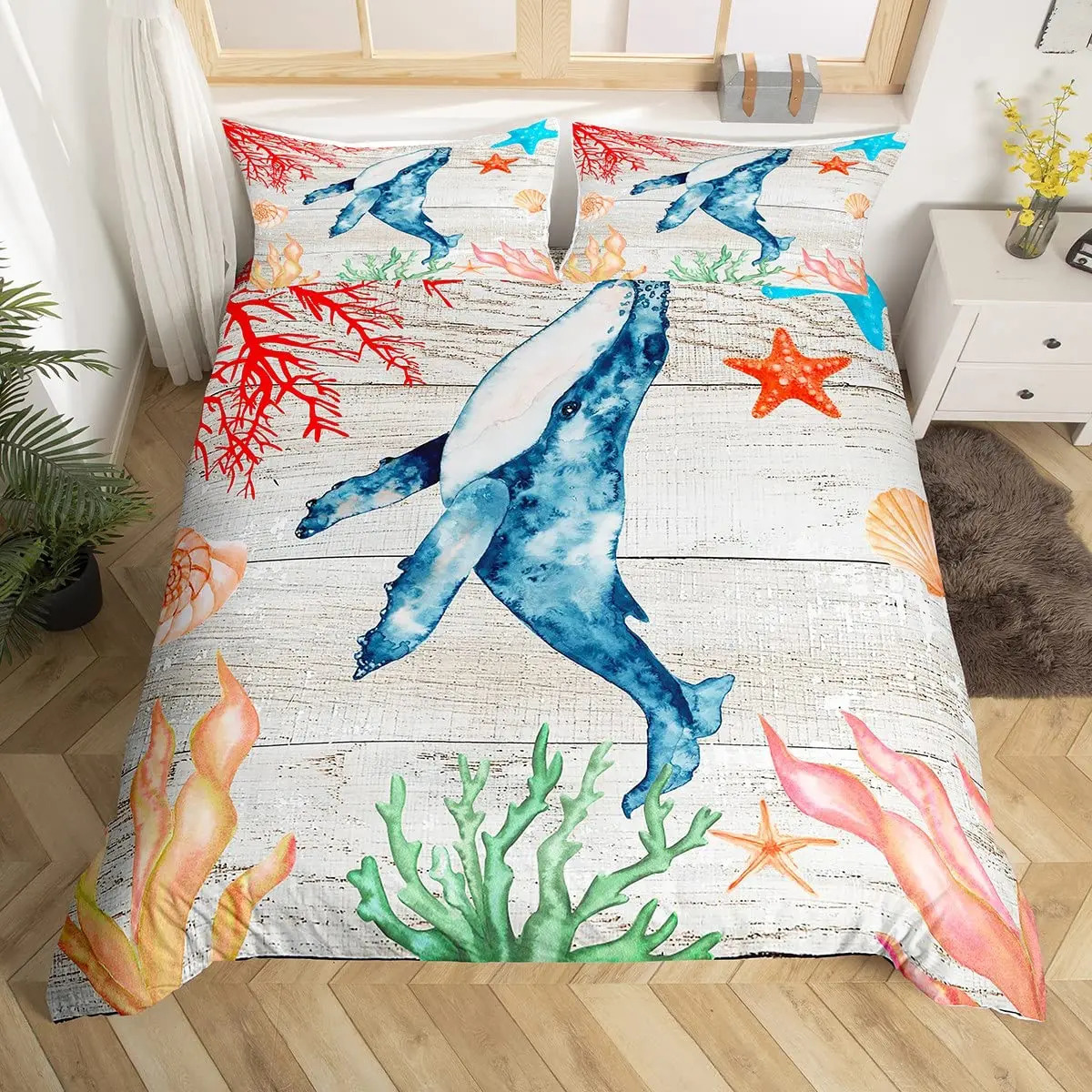 Watercolor Blue Conch Duvet Cover Ocean Themed Bedding Set Sea Creatures Comforter al Beach Polyester Quilt 240106