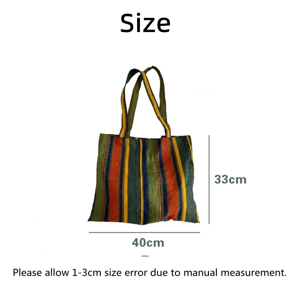 Retro Women's Canvas Shoulder Bag Rainbow Striped Linen Shopping Bag Eco Large Capacity Handbag Tote for Girls Christmas Gifts 240125
