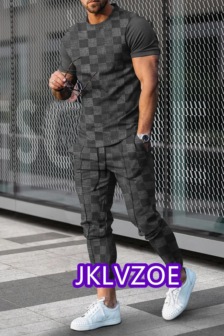 Men's Tracksuit Sportswear 2-piece Sports Suit Men Summer3D Printed T-shirt Set Fashion Trousers Striped Geometric Printed Shirt 240106