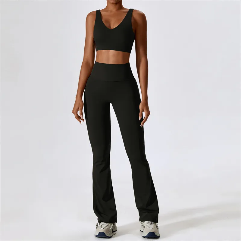 LLLM8232 Womens Yoga Suit Yoga Vest Sleeveless Tops Pants Bell-bottom Trousers Two-Piece Set Gym Running Long Pant Elastic High Waist Sportwear Suits