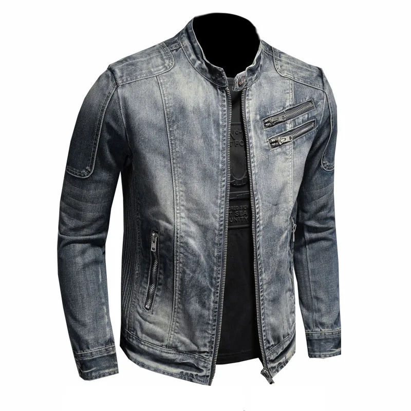 Men's Standing Neck Motorcycle Denim Jacket Vintage Fashion Casual Zipper Chaquetas Hombre Plus Size M6XL Jaquetas 240105