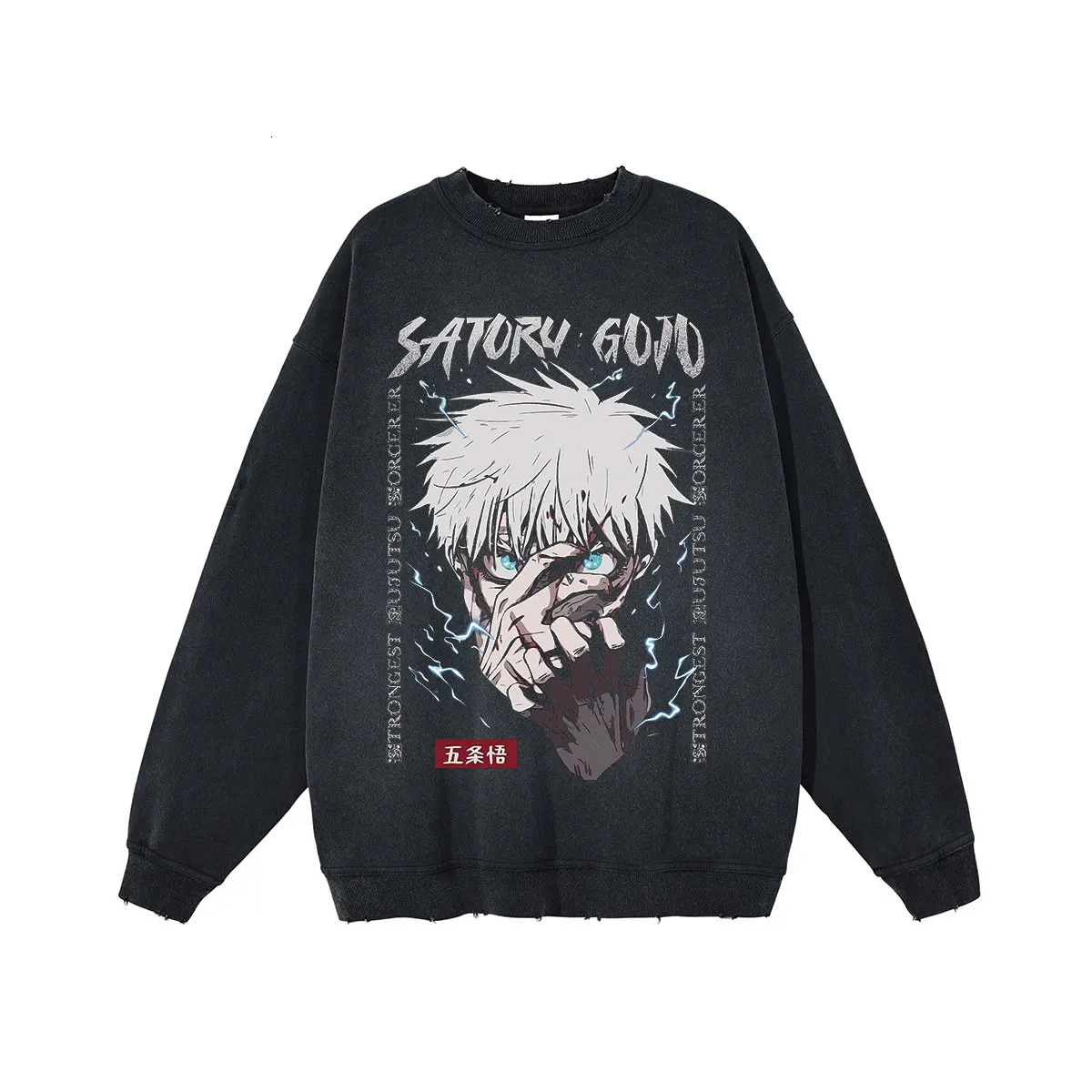 Anime Jujutsu Kaisen Washed Sweatshirt 100% Cotton Printed Retro Vintage Crew Neck Sweater Hip Hop Y2k Men Women Hoodless 240106