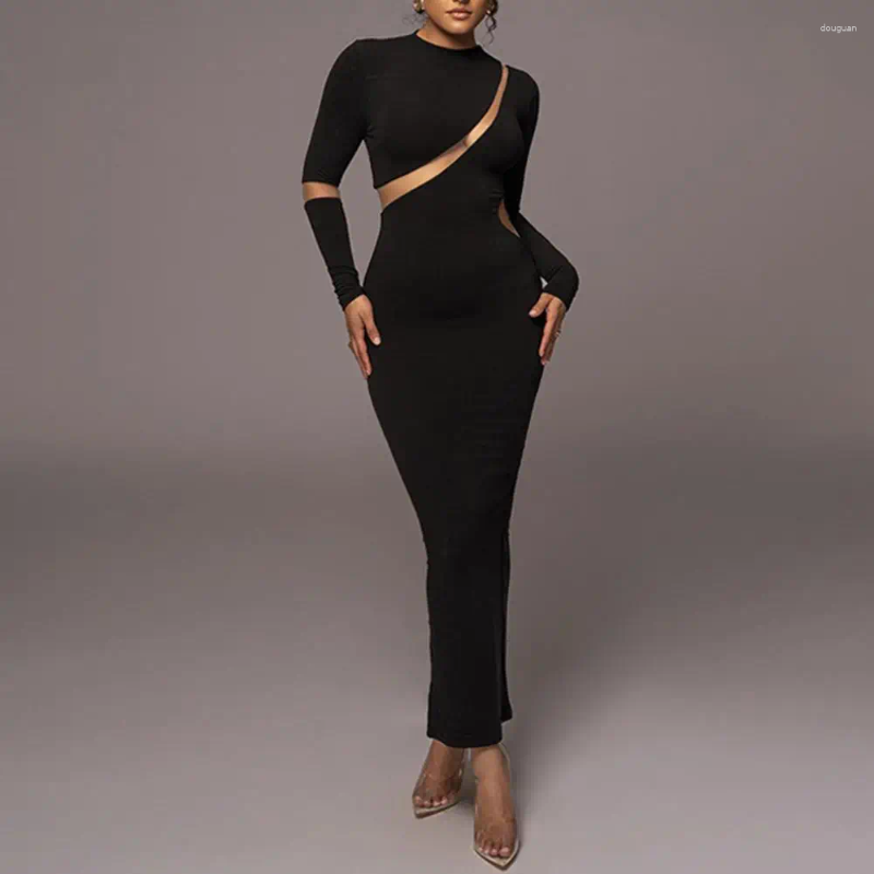 Casual Dresses Women Dress Slim Fit Solid Color Elegant Sheath Maxi With See-through Mesh Patchwork Long Sleeve O Neck For Party