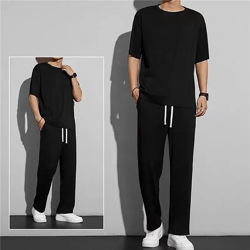 Ice Silk Sports Set Men's Summer Thin Tracksuit Men Casual Long Pants Short Sleeve T-shirt Quick Drying Clothes Sets 240106