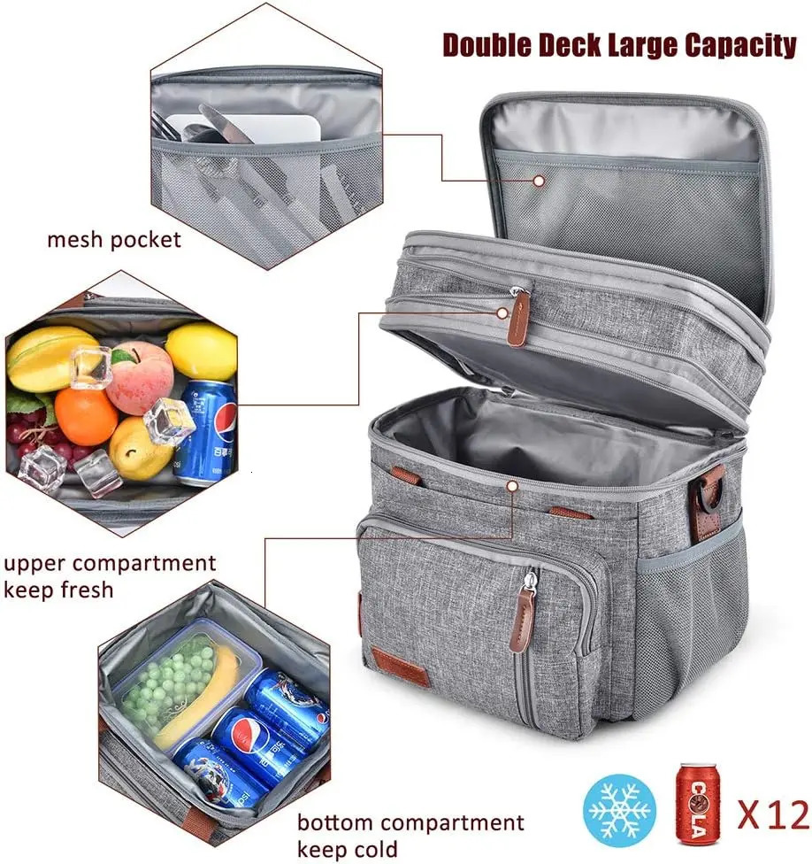 Lunch Bag for Women Men Double Deck Lunch Box - Leakproof Insulated Soft Large Adult Lunch Cooler Bag for Work 240106