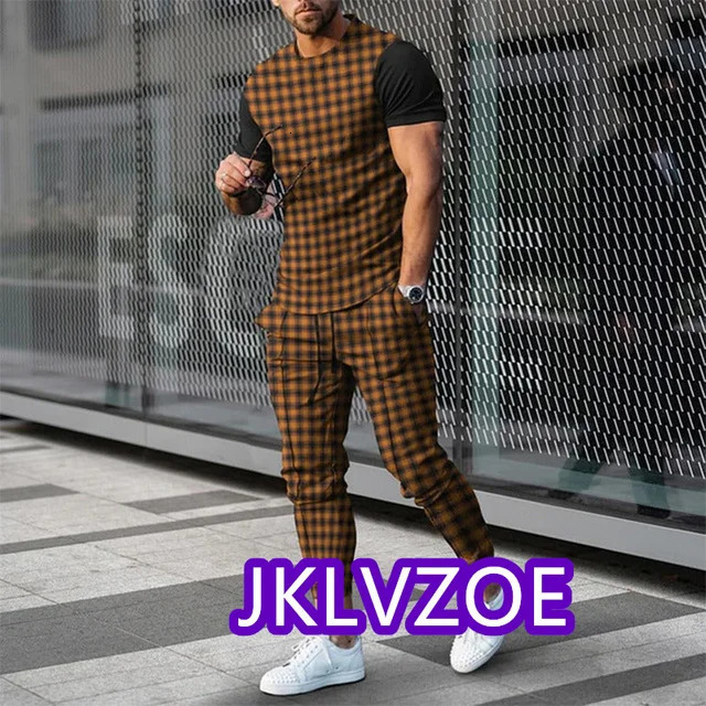 Men's Tracksuit Sportswear 2-piece Sports Suit Men Summer3D Printed T-shirt Set Fashion Trousers Striped Geometric Printed Shirt 240106
