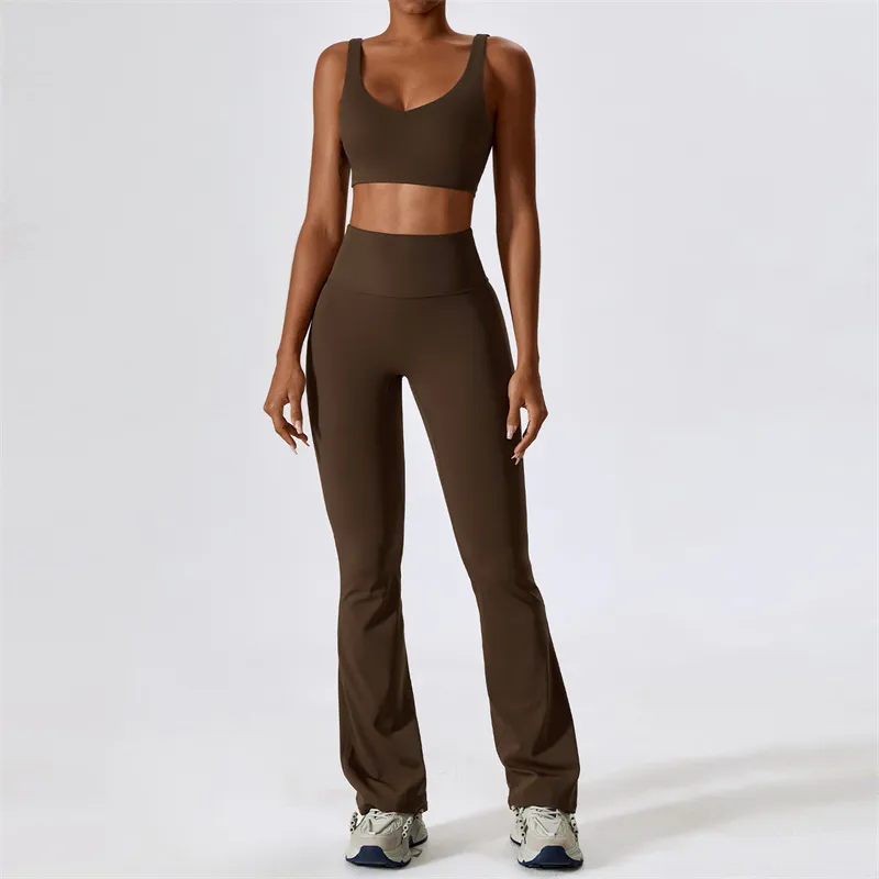 LLLM8232 Womens Yoga Suit Yoga Vest Sleeveless Tops Pants Bell-bottom Trousers Two-Piece Set Gym Running Long Pant Elastic High Waist Sportwear Suits
