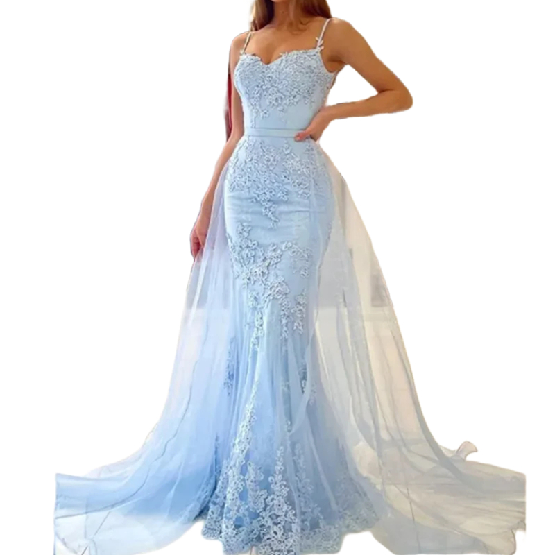 Sexy Spaghetti Lace Mermaid Prom Dresses With Detachable Train Back Buttons Formal Party Gowns Light Sky Blue Birthday Special Occasion Evening Dress 