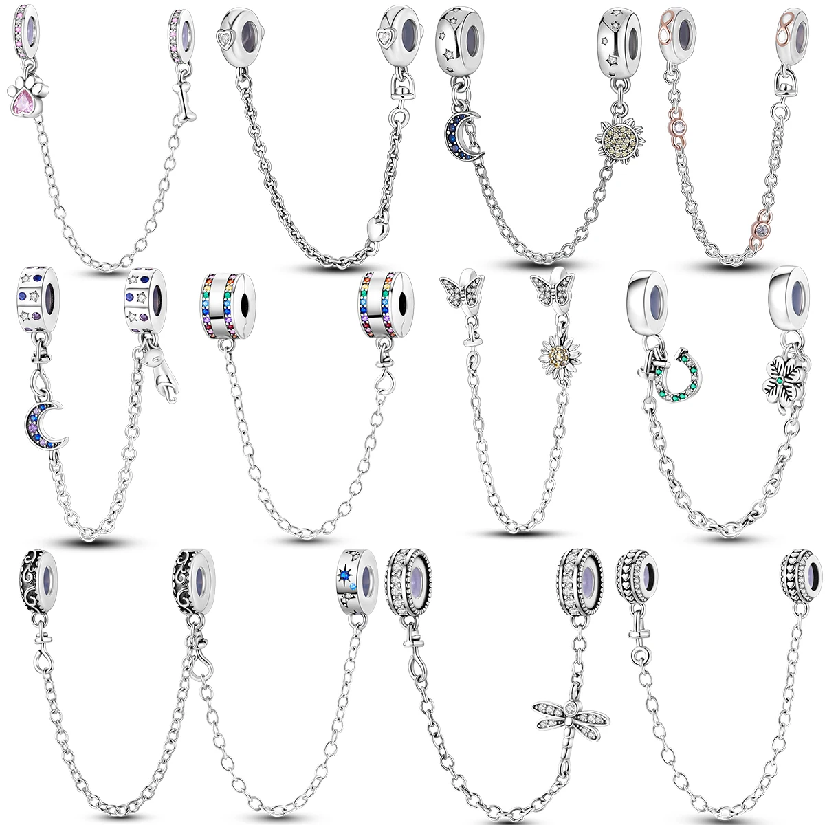 925 Sterling Silver Sparking Transparent Safety Chain Charm Beads Suitable For S925 Snake Fashion Bracelets DIY Jewelry Free Shipping