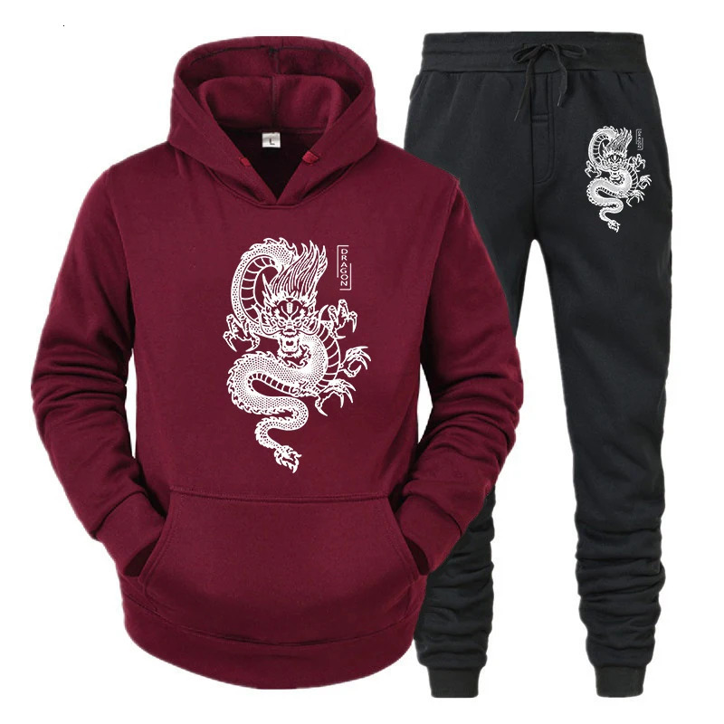 Men Tracksuit Set HoodiePant Spring Winter Dragon Print Casual Fleece Sweatshirt Sportwear Homme Streetwear Men Clothing 240106