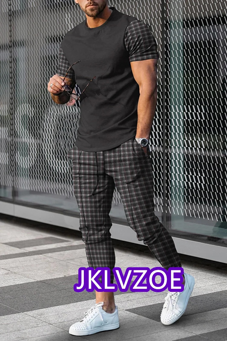 Men's Tracksuit Sportswear 2-piece Sports Suit Men Summer3D Printed T-shirt Set Fashion Trousers Striped Geometric Printed Shirt 240106