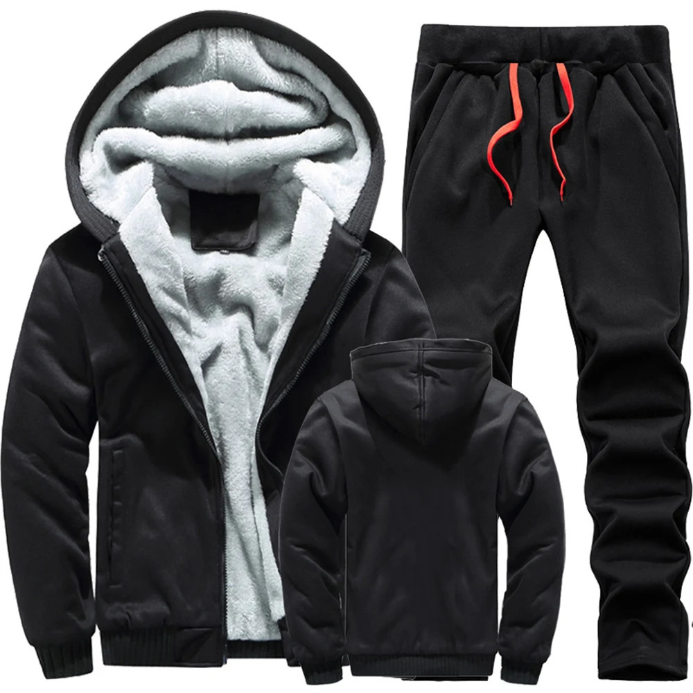 Winter Men Tracksuit Hooded Sportswear Zipper Jacket Fleece Trousers Men's Warm Solid Color Casual Men's Sports Suit 240106