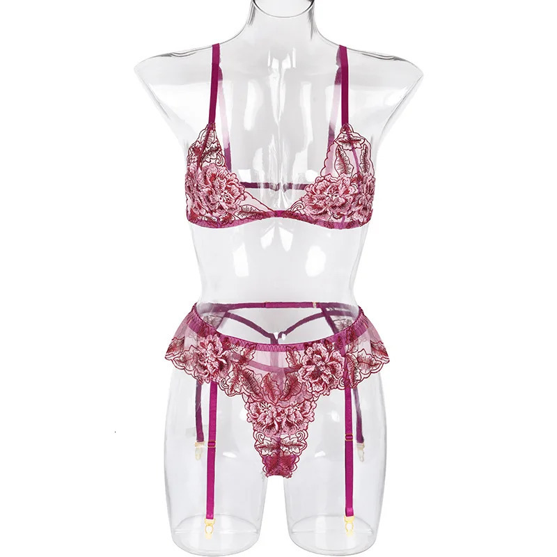 Sexy Lingerie Lace Embroidery Flowers Fashion Sexy Body Sculpting Underwear Three-piece Set Stripper Clothes Cosplay Lingerie 240105