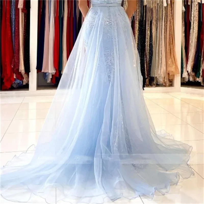 Sexy Spaghetti Lace Mermaid Prom Dresses With Detachable Train Back Buttons Formal Party Gowns Light Sky Blue Birthday Special Occasion Evening Dress 