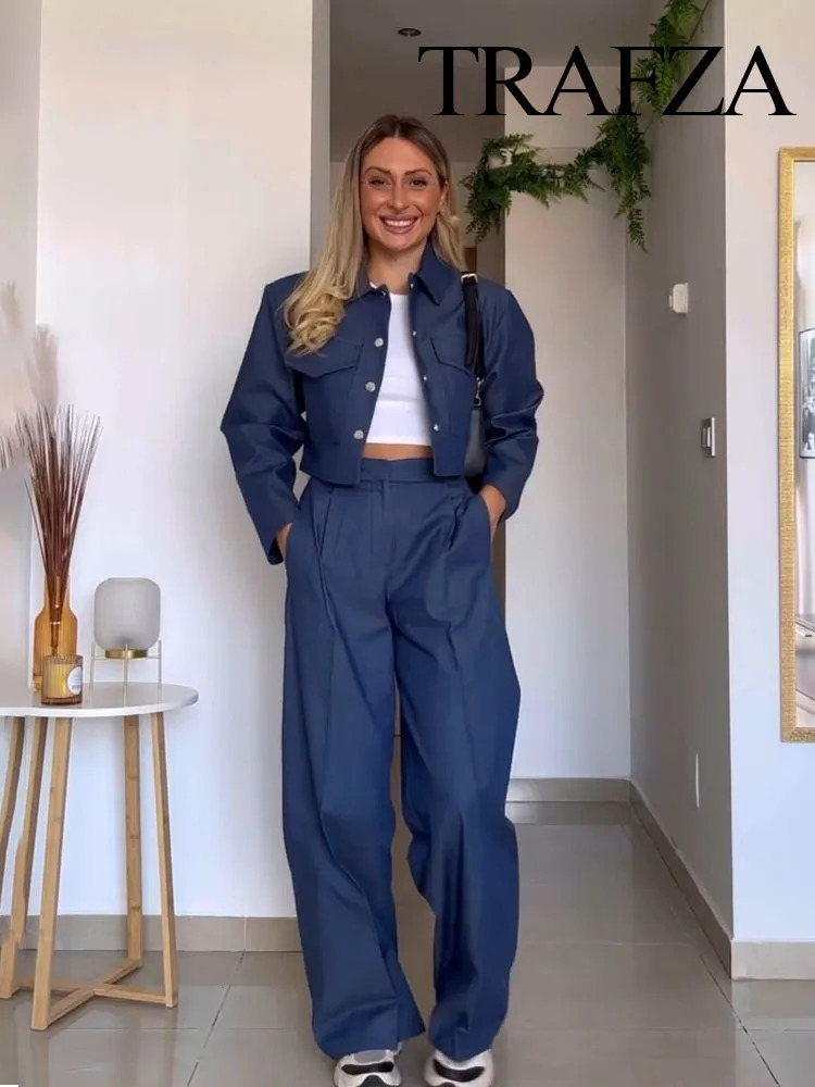 TRAFZA Autumn Fashion Women Front Pleats High Waist PantsFemale Solid Long Sleeve Lapel Vintage Short Coat 2 Piece Set 240105