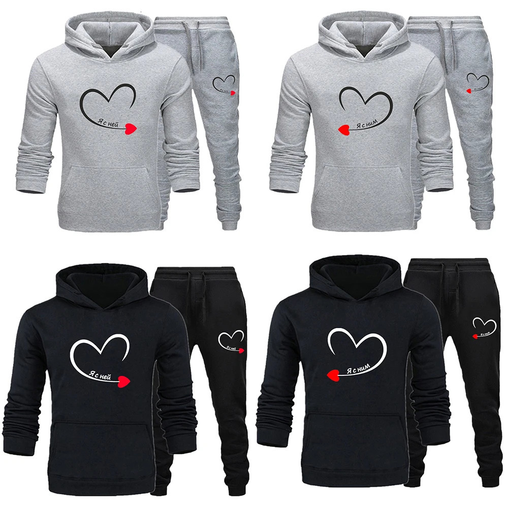Couple Tracksuit I'm With Her Print Lover Hoodie and Pants 2 Pieces Clothes Men Sweatshirts Women Hoodies Lover Fleece Suits 240106
