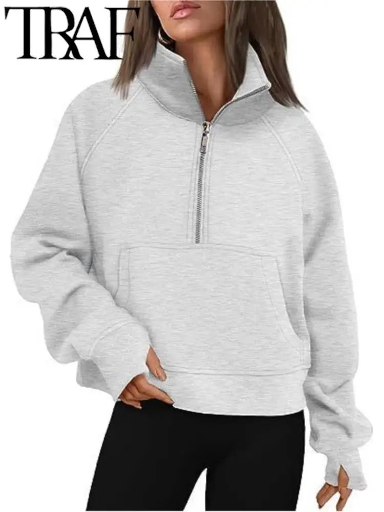 TRAF 2023 AutumnWinter Women's Sports Half Zip Yoga Suit Loose Standing Collar Plus Plush Sweater Hoodies Warm Casual Pink 240105