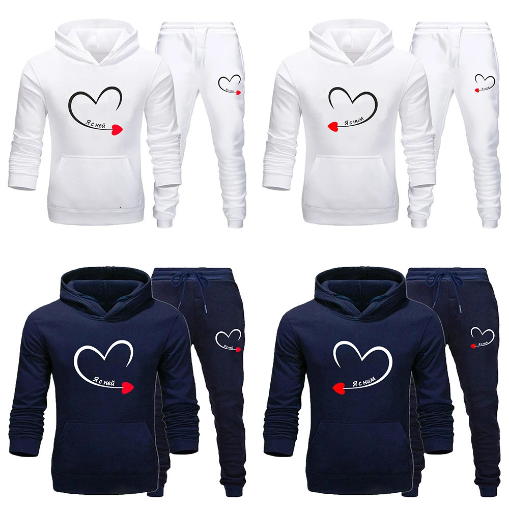 Couple Tracksuit I'm With Her Print Lover Hoodie and Pants 2 Pieces Clothes Men Sweatshirts Women Hoodies Lover Fleece Suits 240106