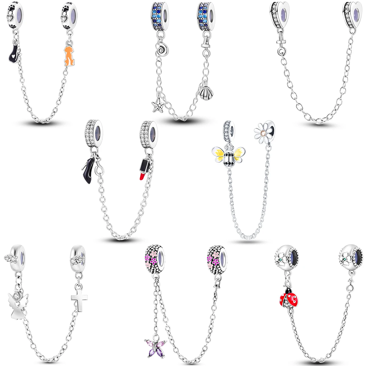 925 Sterling Silver Sparking Transparent Safety Chain Charm Beads Suitable For S925 Snake Fashion Bracelets DIY Jewelry Free Shipping