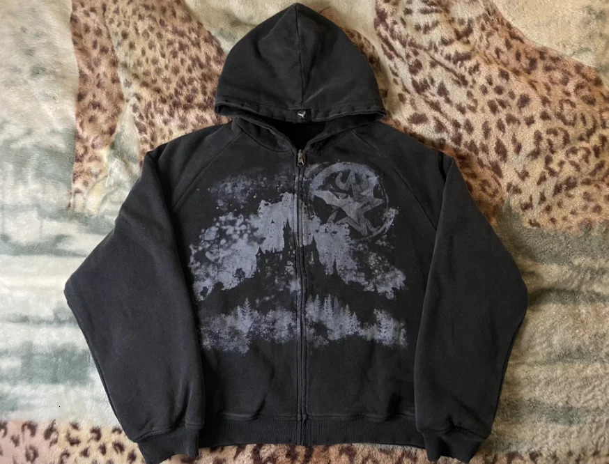 Hoodie Y2k Gothic Castle Print Pattern Zipper Hooded Sweatshirt for Men and Women Harajuku Hip Hop Retro Streetwear Jacket 240106