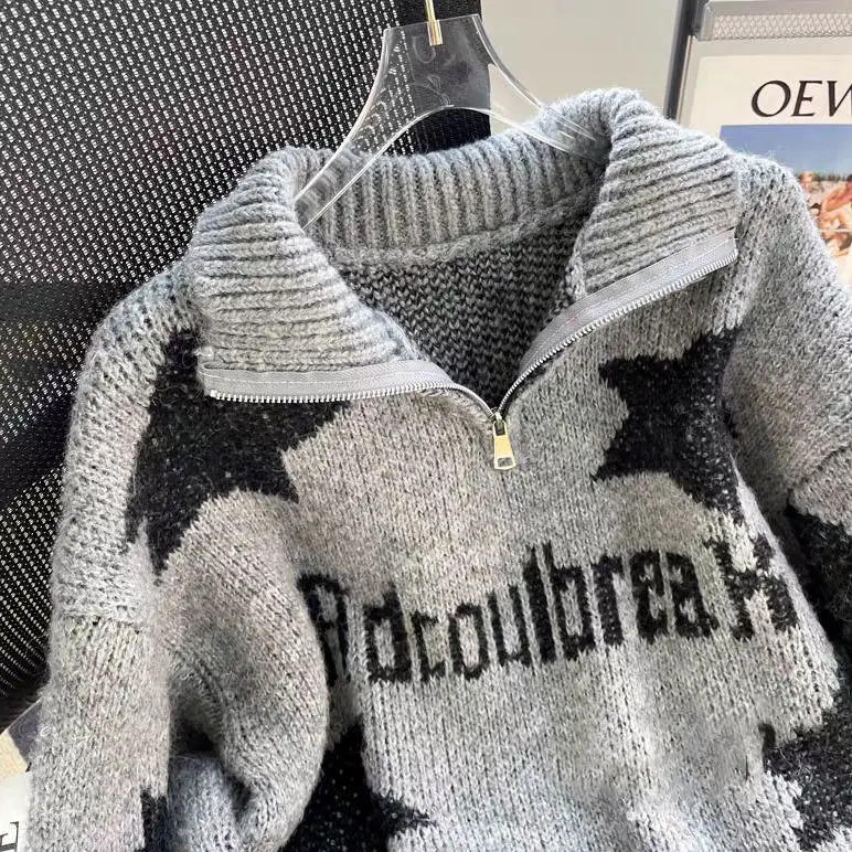 American hip-hop men and women trend retro pentagram stand up collar loose autumn and winter knitted sweater couple casual top 240106