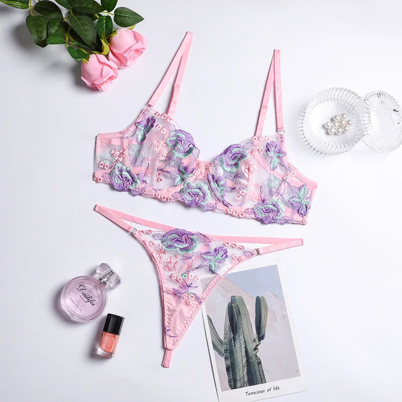 Summer Women Sexy Embroidery Sensual Lingerie Underwear Lace Flower Erotic Costumes Underwire Bra Transparent Exotic Set 240105